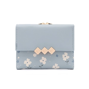 Blue floral mini tri-fold wallet for women with golden kiss lock and metal leaf ornament