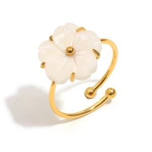 18K gold plated stainless steel open ring featuring a white shell flower design