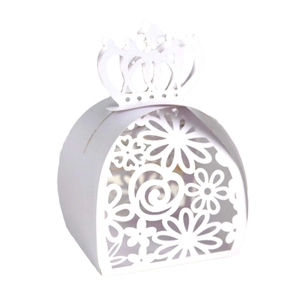 Detailed laser-cut hollow pattern and crown top on white paper wedding favor candy box