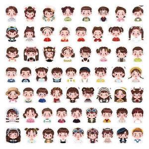 Set of 56 colorful cartoon character stickers with diverse hairstyles and outfits