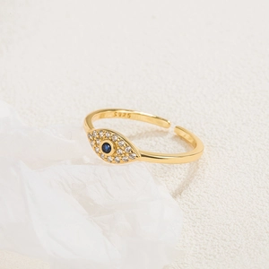 Adjustable S925 sterling silver evil eye ring with blue zircon and gold plating