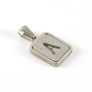 Polished silver stainless steel rectangular pendant with frosted letter A design