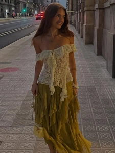 Women Lace Off Shoulder Blouse Nylon Spandex Ruffle Trim Asymmetrical Hem Tie Front Sexy Chic Holiday Top