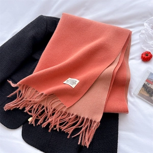Close-up of orange and pink fringe scarf with label on black coat and white linen