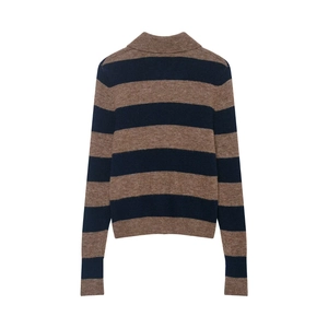 Women's crewneck knit sweater with classic brown and navy blue wide horizontal stripes