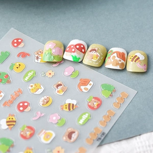 5D embossed nail art stickers with cute teddy bear mushroom and bee designs for children