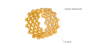 Detail of 18K gold plated mesh ring with Czech diamonds and 1.4cm hollow band