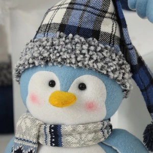 Blue and white plush penguin with plaid hat and scarf, Mediterranean style Xmas decor