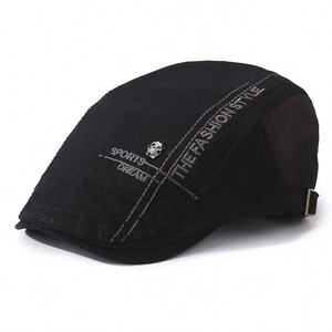 Black cotton beret cap with Sports Dream embroidery and a metal skull stud decoration