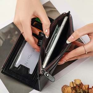 Elegant black long bifold leather wallet for women with multi-card slots and phone pocket