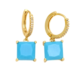 Gold geometric earrings with square turquoise stone and sparkling cubic zirconia stones
