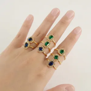 Double layer adjustable 18K gold plated heart rings with blue and green crystals