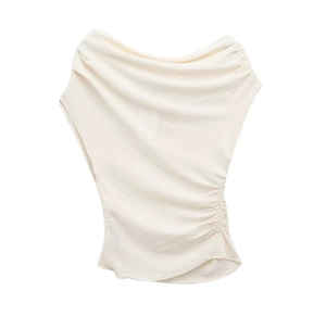 Detail of off-white one-shoulder sleeveless top with side ruching and pleated texture