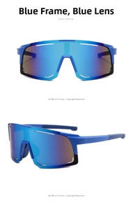 Close-up of blue frame sports sunglasses with blue mirror lenses for cycling