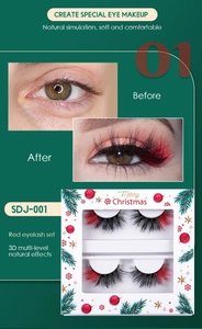 Macro view of 3D multi-level red and black eyelashes in a festive Christmas gift box