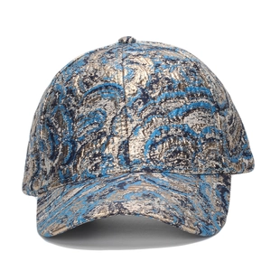 Blue and gold jacquard baseball cap with vintage pattern and metallic thread