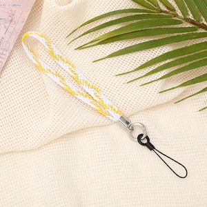 Hand-woven yellow and white mobile phone wrist strap with silver metal buckle detail