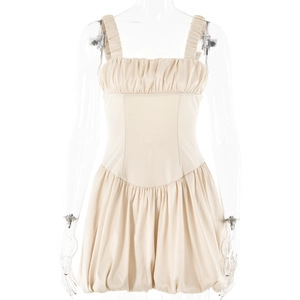 Elegant beige square neck mini dress with pleated bust and backless design for women