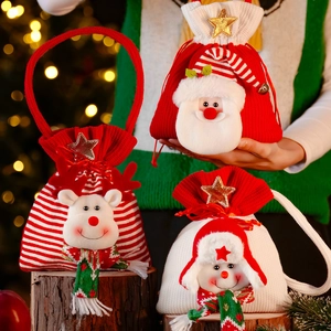 Christmas Knitted Gift Bag Cartoon Santa Snowman Reindeer Handheld Drawstring Candy Pouch Holiday Party Decor Apple Bag
