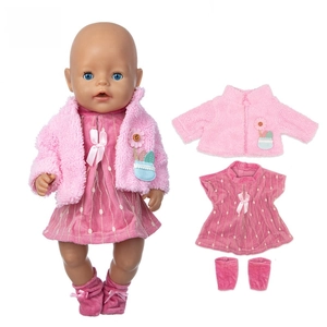 Detailed view of pink plush cardigan, striped dress and socks for 18-inch doll outfit set
