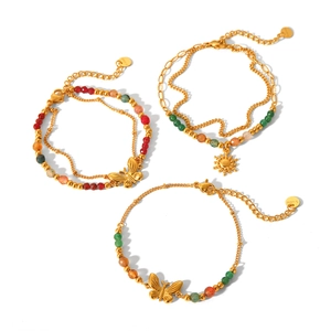French vintage stainless steel butterfly bracelet set with colorful natural stones
