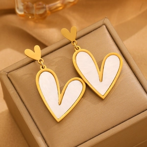 18K gold plated stainless steel heart drop earrings on champagne jewelry box