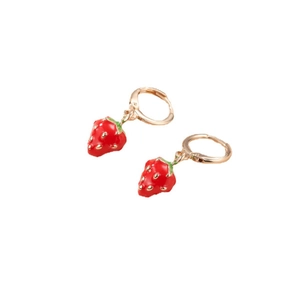 Cute red strawberry dangle earrings with gold metal hoops for a sweet fruity style