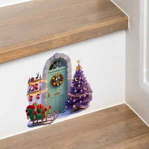 3D Christmas wall sticker detail on stairs showing green door and purple tree decor