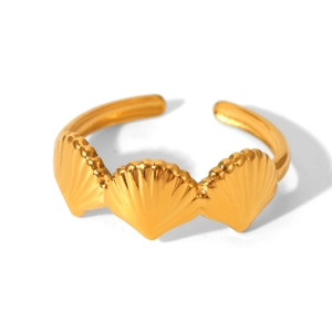 Detailed view of the three-scallop seashell design on the gold-plated stainless steel ring
