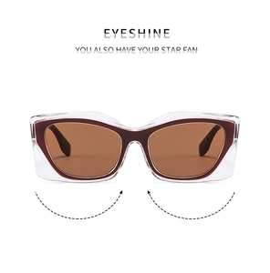 Detail view of cat eye sunglasses with layered transparent and burgundy frames