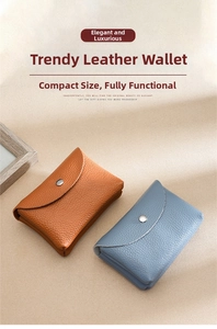 Close-up of brown and light blue litchi pattern leather coin purses with button closure