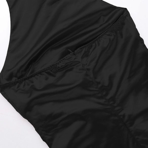 Detail of waist elastic pleats and hidden zipper on this black slim summer dress