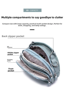 Detail view of the multi-compartment interior and five storage pockets in the nylon crossbody bag