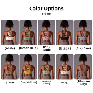 Dettaglio posteriore dei reggiseni sportivi con spalline incrociate in dieci colori vivaci