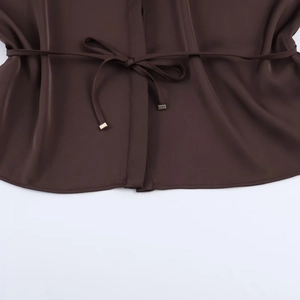 Elegant dark brown satin blouse for women featuring a waist tie and metal buckle detail
