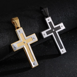 Pendentifs de collier croix hip-hop en acier inoxydable bicolore or-argent et noir-argent