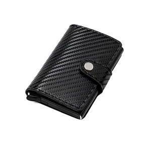 Black carbon fiber RFID pop-up credit card holder with aluminum box and snap button closure