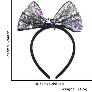 Detail view of LED Halloween headband with dimensions and glittery skull bow