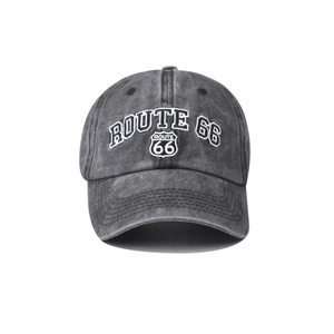Vintage washed charcoal cotton baseball cap with Route 66 embroidered shield and lettering