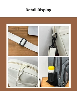 Detail shot of adjustable straps, plastic hooks, and mesh pockets on casual crossbody bags