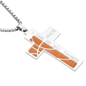 Titanium steel cross necklace with orange inlay and Phil 4:13 engraving on silver chain