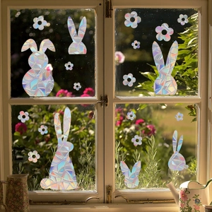 Rainbow prism window film with rabbit and flower patterns for suncatcher glass decor