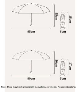 Detailed size comparison showing umbrella dimensions 90-95cm and compact 17-18cm length