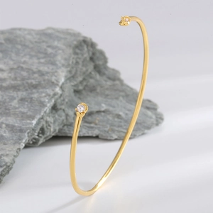 Minimalist S925 silver adjustable open bracelet with 14K gold plating and zircon stones