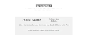 Size chart for cotton baseball cap showing 56-60cm circumference and usage details