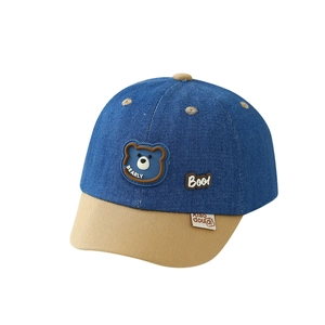 Blaue Baby-Baseballkappe aus Denim mit khakifarbener Krempe und 3D-Bären-Patch-Detail