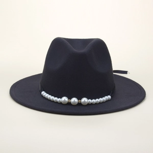 Classic black wool fedora hat with elegant pearl and diamond-studded decorative band