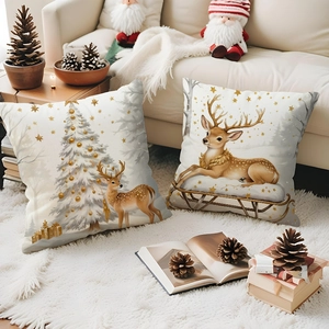 Detailed texture of Christmas pillow covers with reindeer and snow tree prints on linen fabric