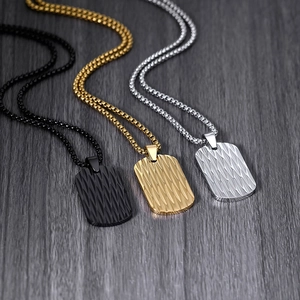 Minimalist stainless steel tag necklaces for men in black, gold, and silver finishes