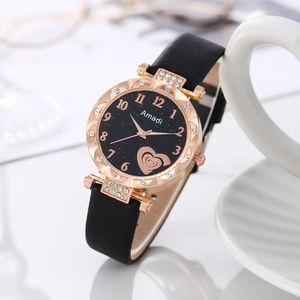 Women Quartz Watch Starry Sky Dial Rhinestone Bezel Leather Strap Heart Pattern Elegant Fashion Wristwatch For Ladies